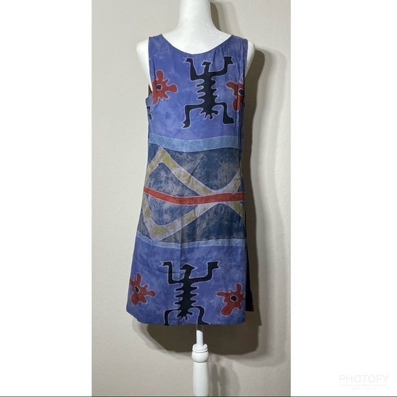 Unique Funky Aztec Inspired Rayon Blue Sleeveless Boho Travel Dress One Size - Picture 2 of 6